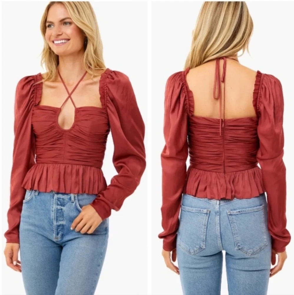 ULLA JOHNSON Mirelle Tie Halter Peplum Blouse Desert Rose Long Sleeve Size 8